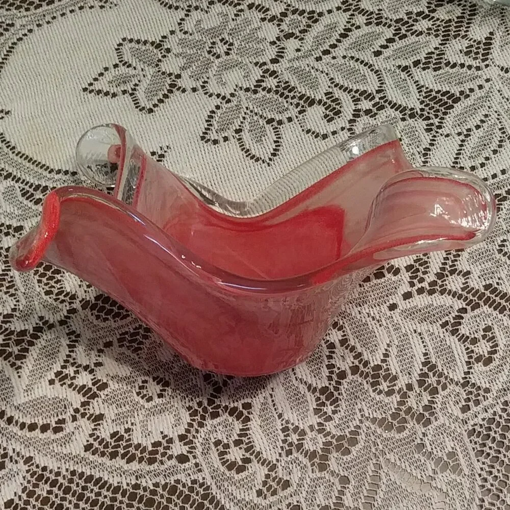 Murano-style art glass wave cranberry/pink bowl with a waffle bottom
